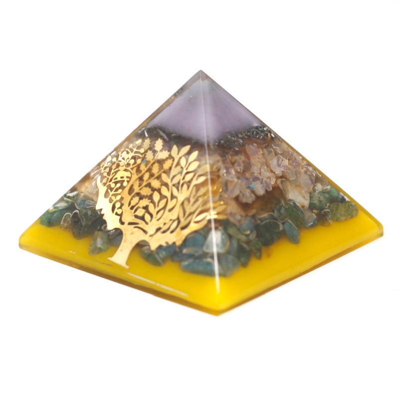 Lrg Orgonite Pyramid 70mm - Tree(gold base)