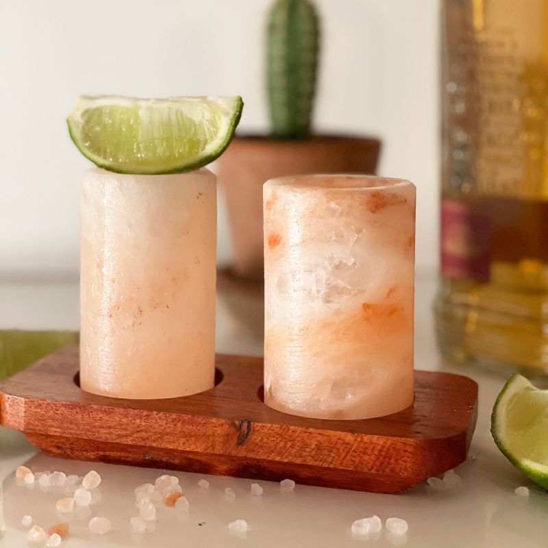 Set of 4 Himalayan Salt Shot Glasses & Wood Serving Tray