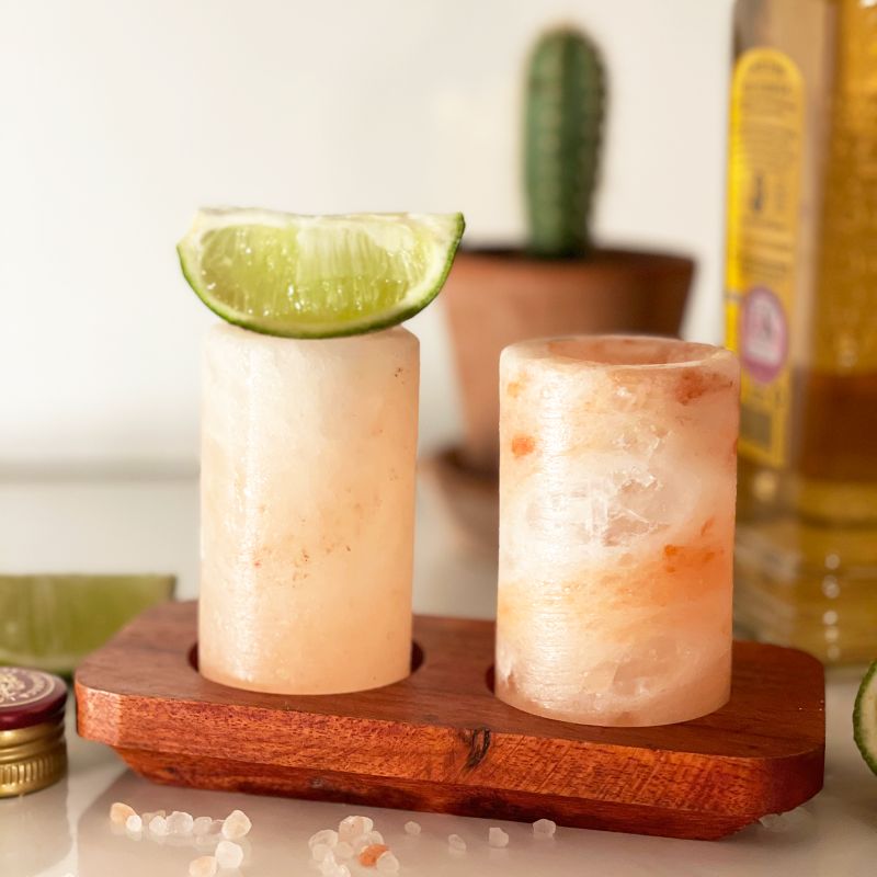 Set of 4 Himalayan Salt Shot Glasses & Wood Serving Tray