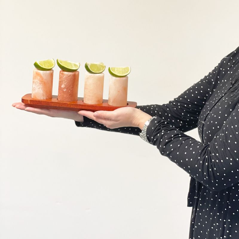 Set of 4 Himalayan Salt Shot Glasses & Wood Serving Tray