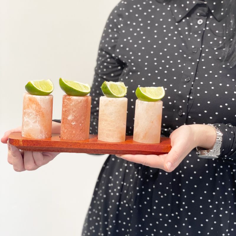 Set of 4 Himalayan Salt Shot Glasses & Wood Serving Tray