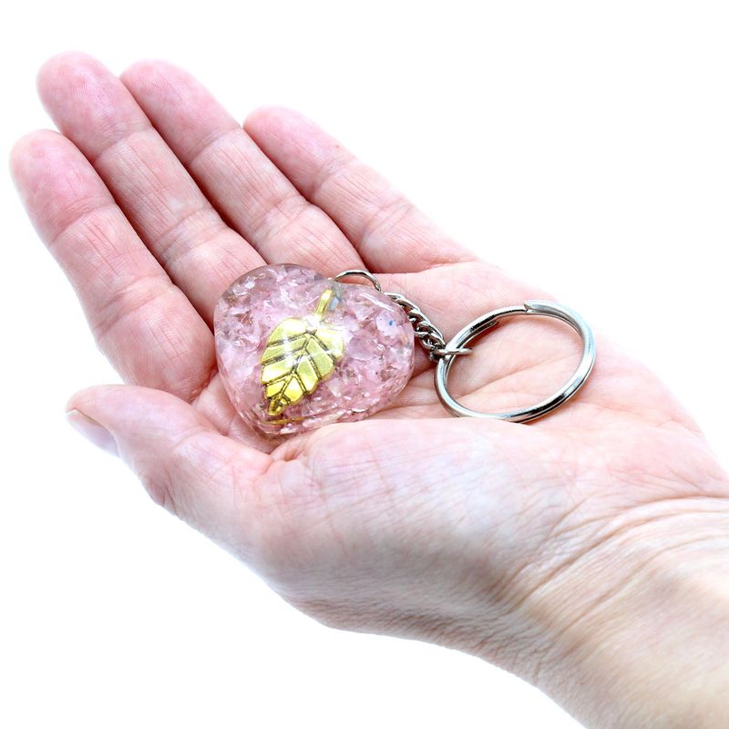 Orgonite Power Keyring - Rose Quartz Heart Golden Leaf