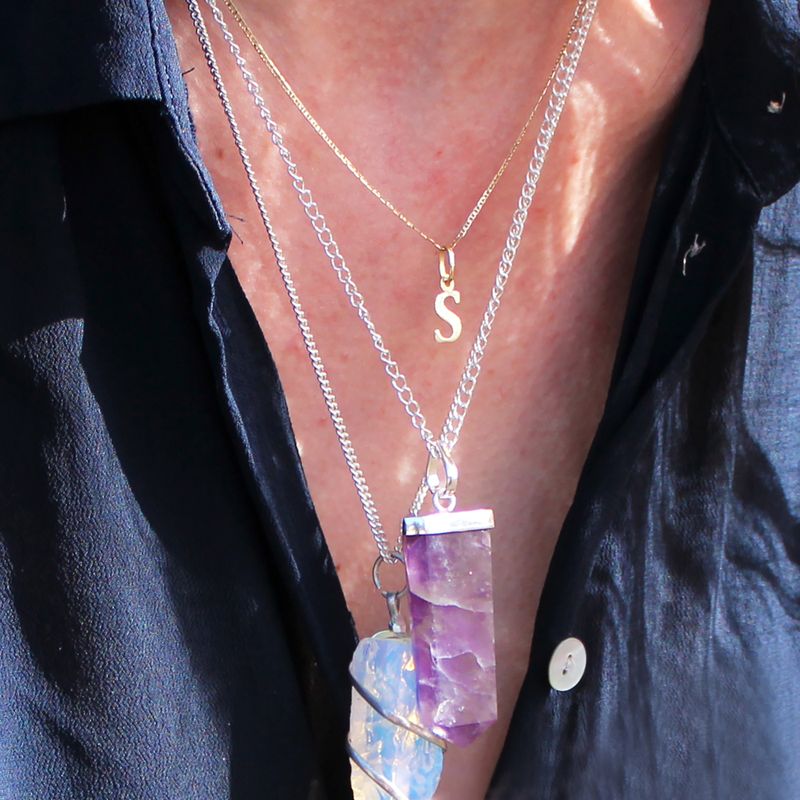 Gemstone Flat Pencil Pendant Necklace - Rock Quartz