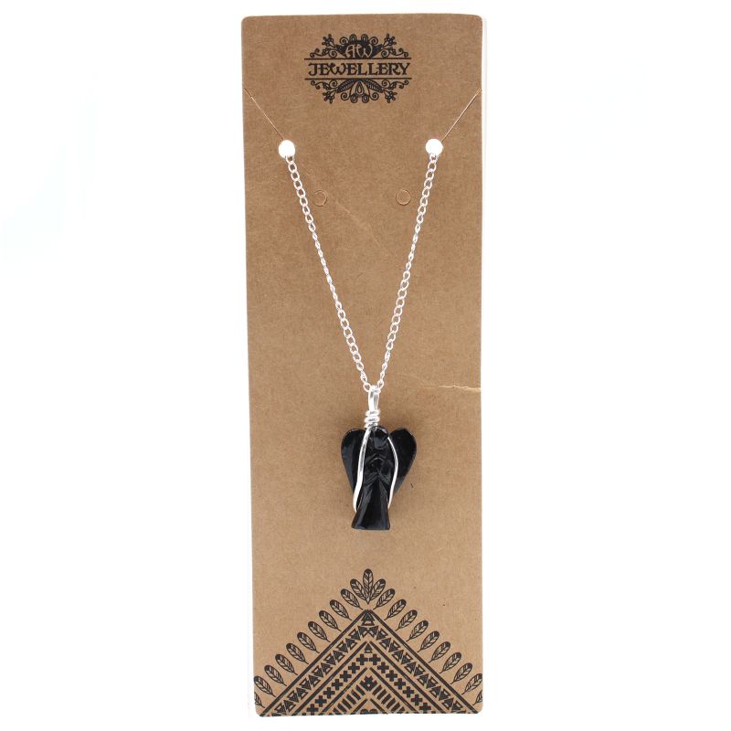 Gemstone Guardian Angel Pendant Necklace - Black Agate