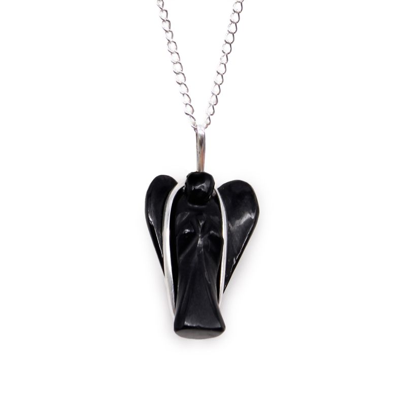 Gemstone Guardian Angel Pendant Necklace - Black Agate