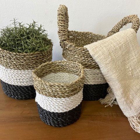 Set of 3 Seagrass Basket Set - Dark Grey / White / Natural