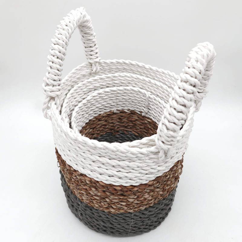Set of 3 Seagrass Basket Set - Grey / Natural / White