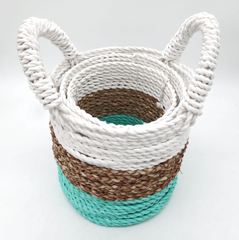 Set of 3 Seagrass Basket Set - Green / Natural / White