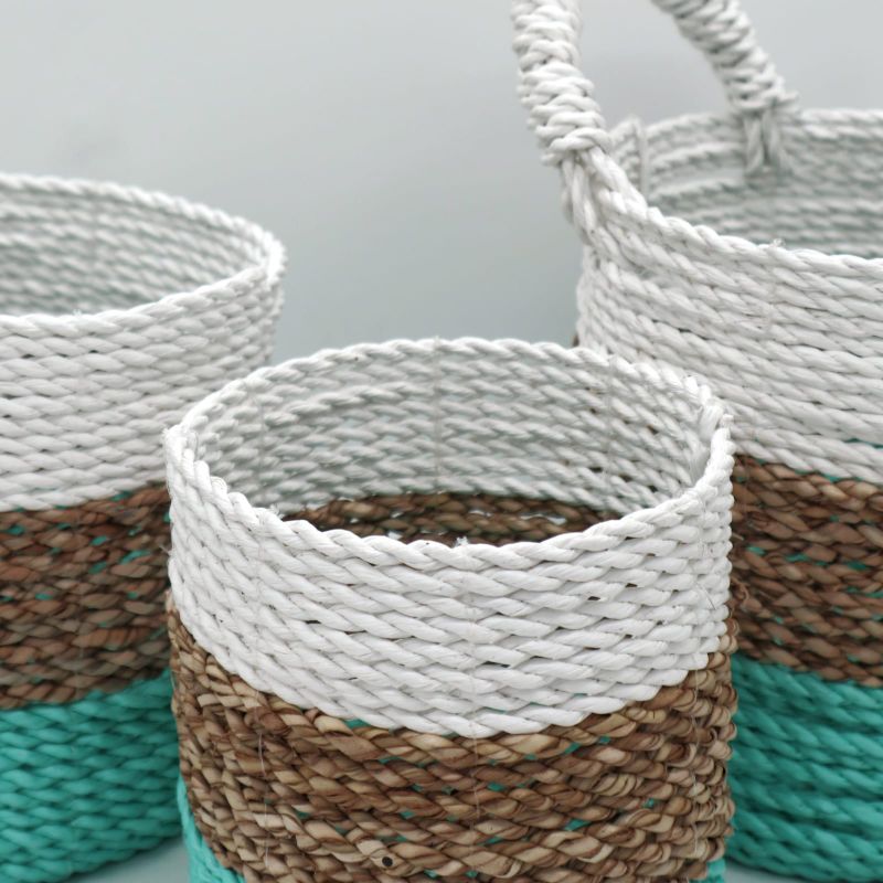 Set of 3 Seagrass Basket Set - Green / Natural / White