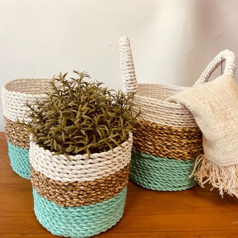 Set of 3 Seagrass Basket Set - Green / Natural / White
