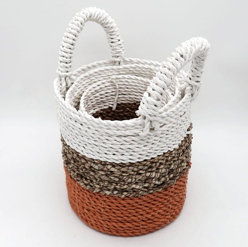 Set of 3 Seagrass Basket Set - Orange / Natural / White