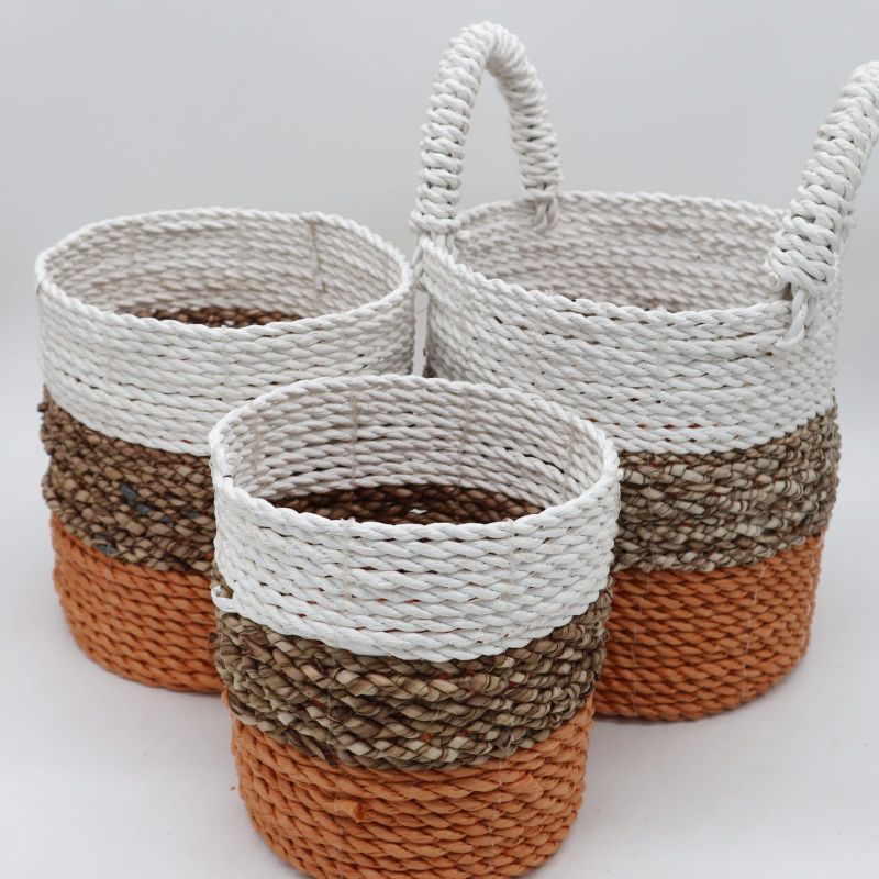 Set of 3 Seagrass Basket Set - Orange / Natural / White