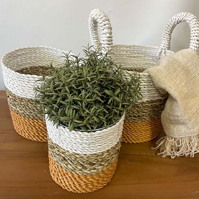 Set of 3 Seagrass Basket Set - Orange / Natural / White