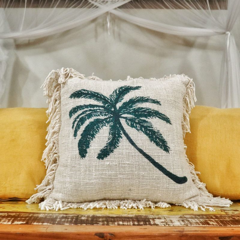 Linen Cushion Cover 45x45cm Palm Tree  with Fringe