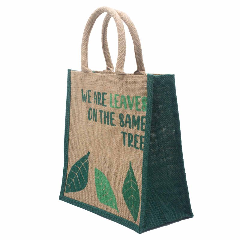 Printed Jute Bag - We are Leaves - Yellow, Blue and Natural