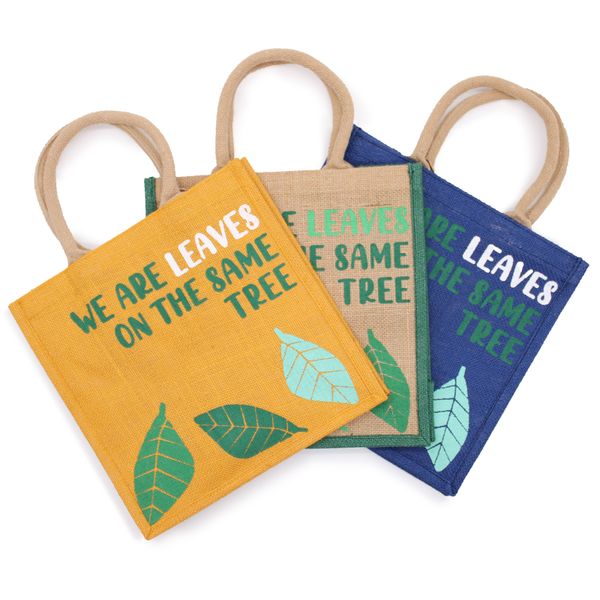 Printed Jute Bag - We are Leaves - Yellow, Blue and Natural