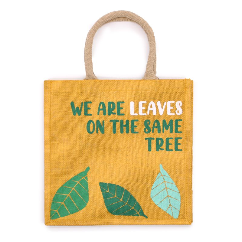 Printed Jute Bag - We are Leaves - Yellow, Blue and Natural