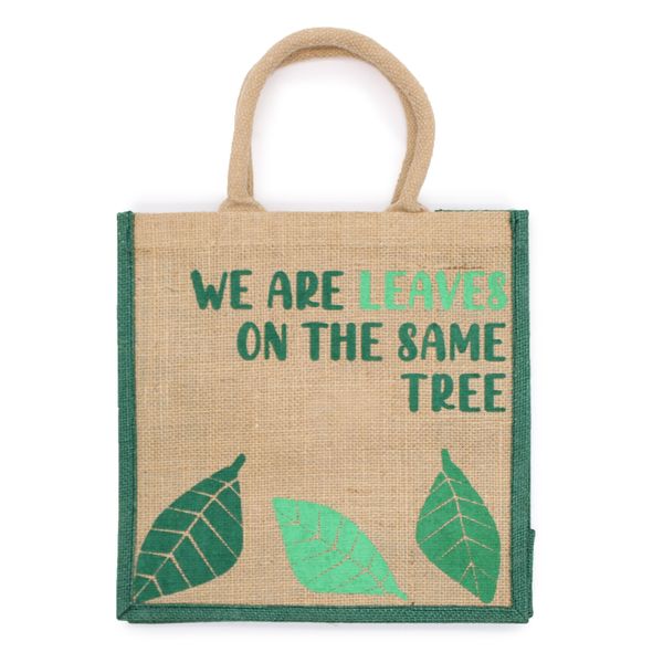 Printed Jute Bag - We are Leaves - Yellow, Blue and Natural