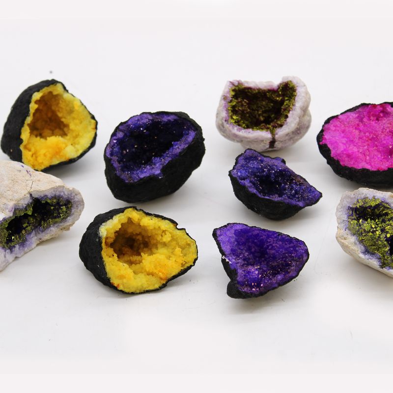 Coloured Calcite Geode 8.5x6cm- Natural Rock - Pink & Gold