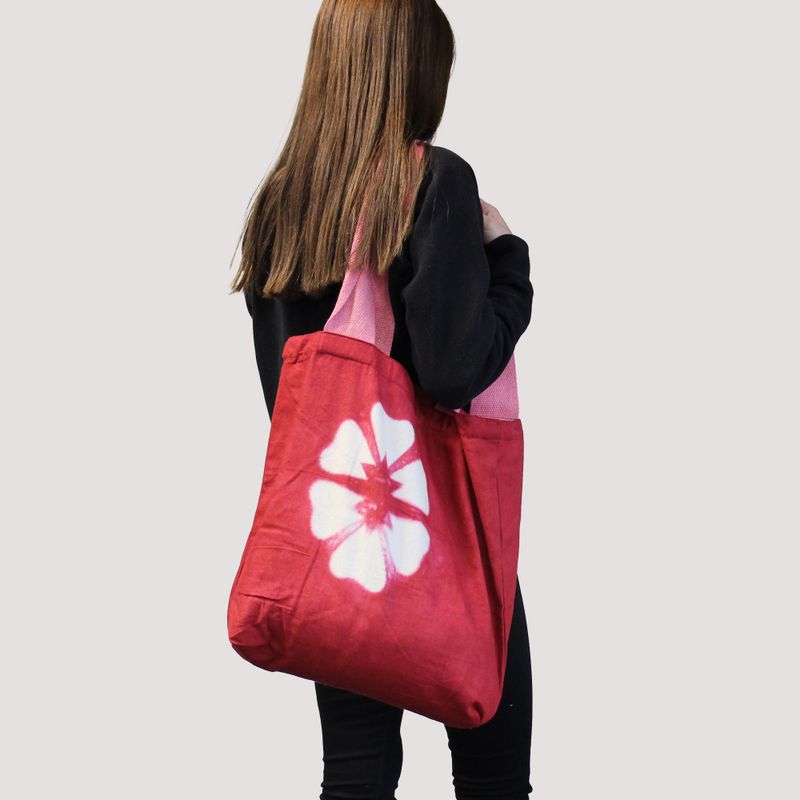 Natural Tie-Dye Cotton Bag (8oz) - Blue Flower - Blue Handle