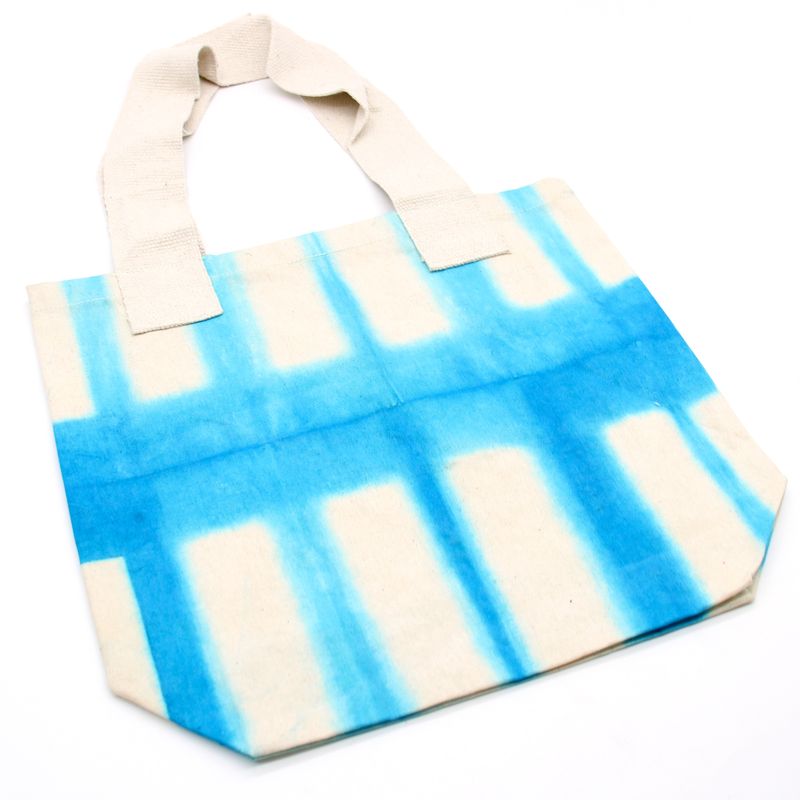 Natural Tie-Dye Cotton Bag (8oz) - Sky Blue Blocks - Natural Handle