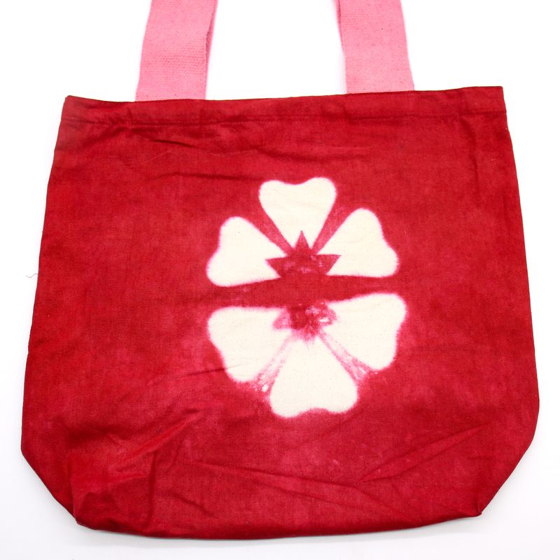 Natural Tie-Dye Cotton Bag (8oz) - Maroon Flower - Pink Handle