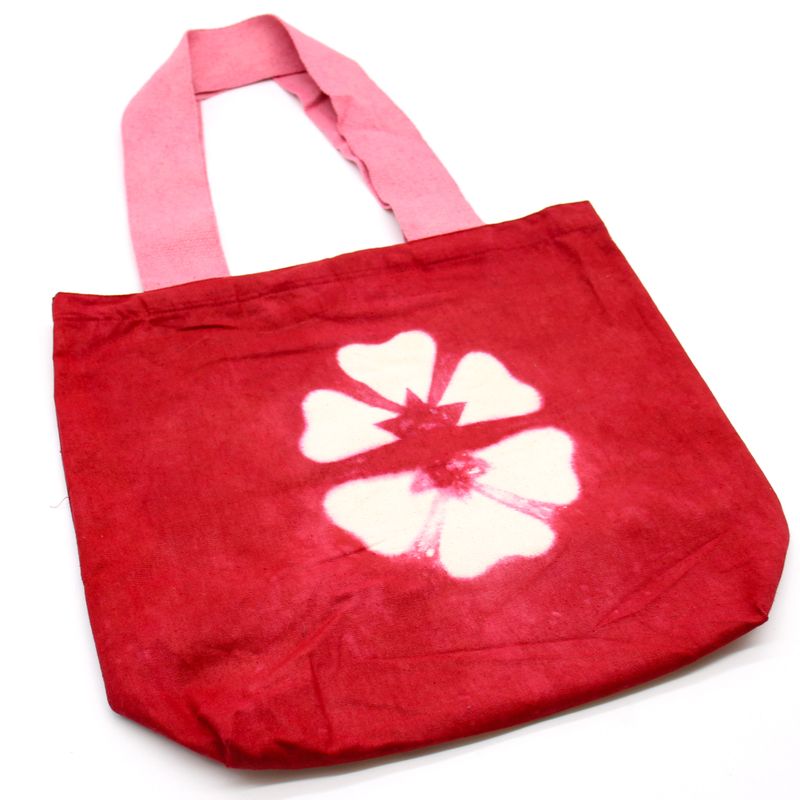 Natural Tie-Dye Cotton Bag (8oz) - Maroon Flower - Pink Handle