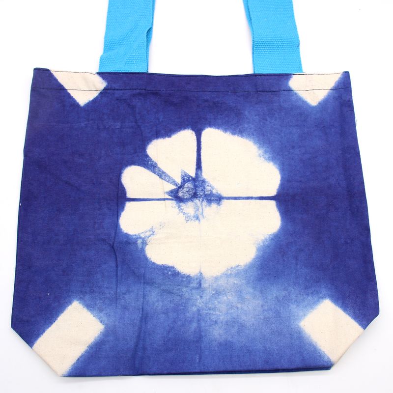 Natural Tie-Dye Cotton Bag (8oz) - Blue Flower - Blue Handle