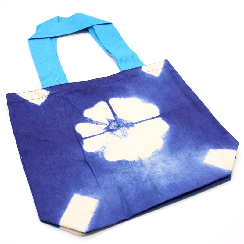 Natural Tie-Dye Cotton Bag (8oz) - Blue Flower - Blue Handle