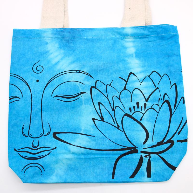 Tie-Dye Cotton Bag (6oz) - Lotus Buddha - Blue - Natural Handle