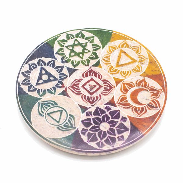 Soapstone Disc Incense cone Holder 10cm - Seven Chakra
