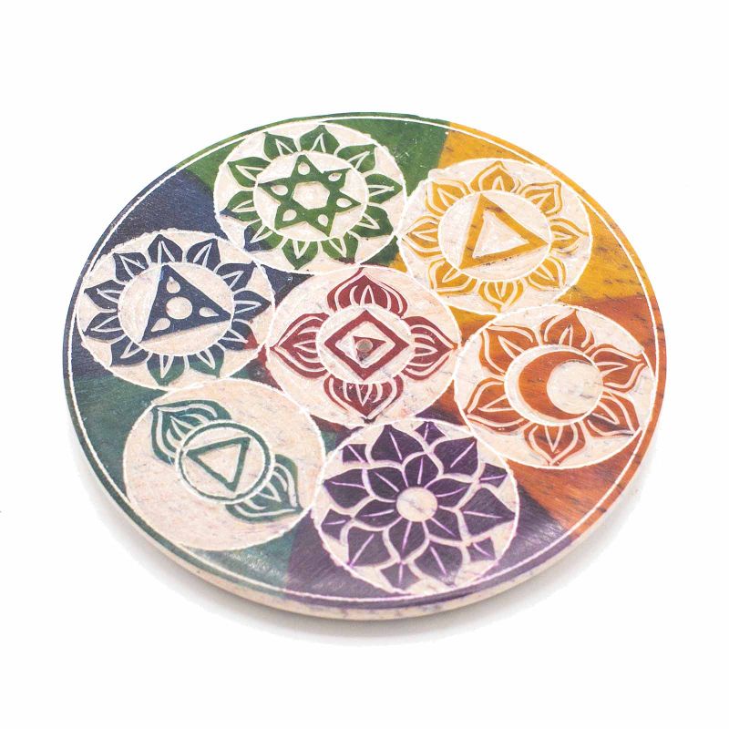 Soapstone Disc Incense cone Holder 10cm - Seven Chakra