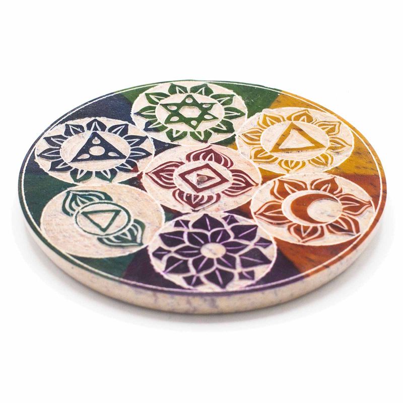 Soapstone Disc Incense cone Holder 10cm - Seven Chakra