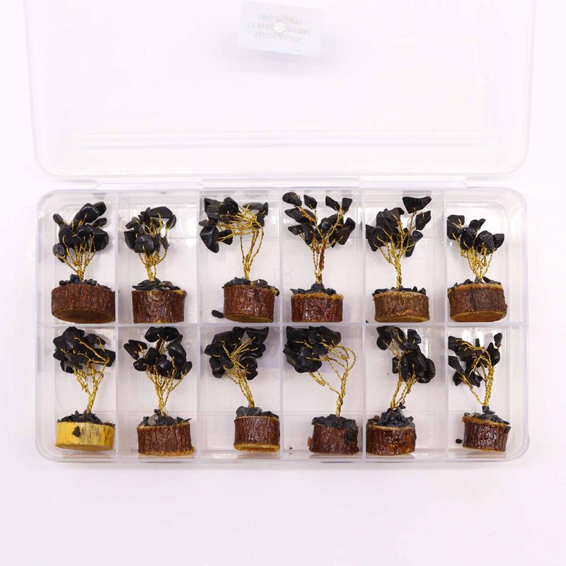 Mini Gemstone Trees On Wood Base - Black Agate (15 stones)