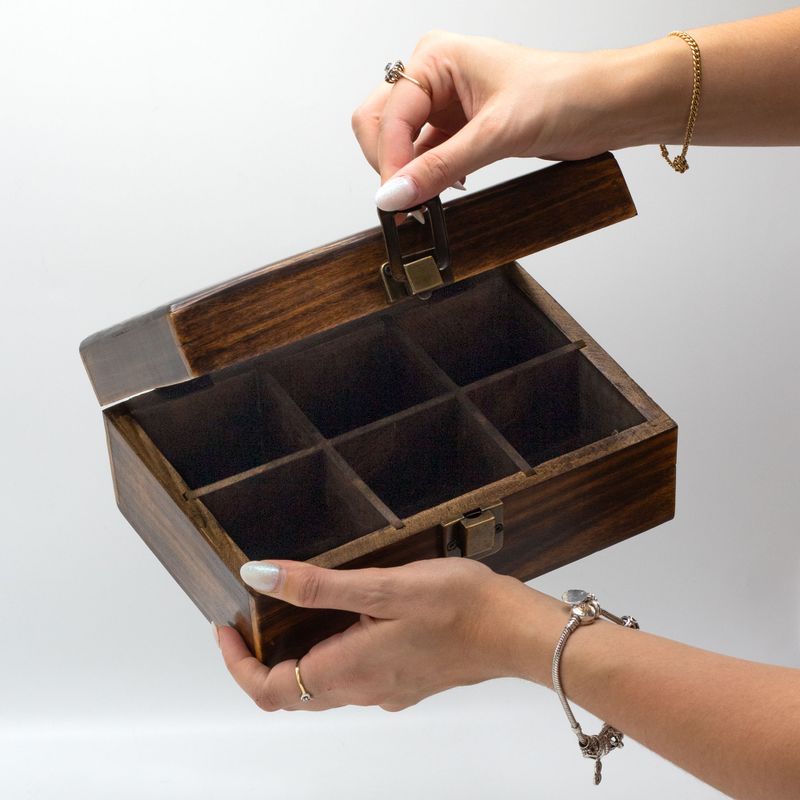 Mango Carved Tea Box - ( 6 compartments) 23x15x9.5cm