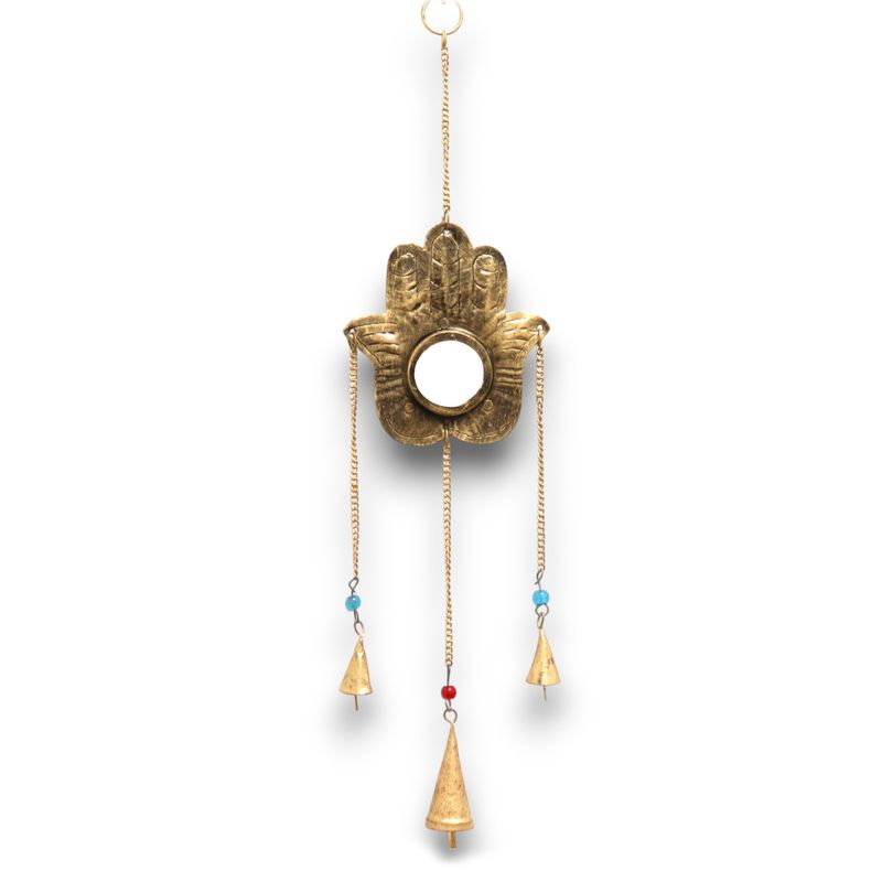 Indian Chimes - Hamsa Sm Mirror 3 Bells - 14x55cm