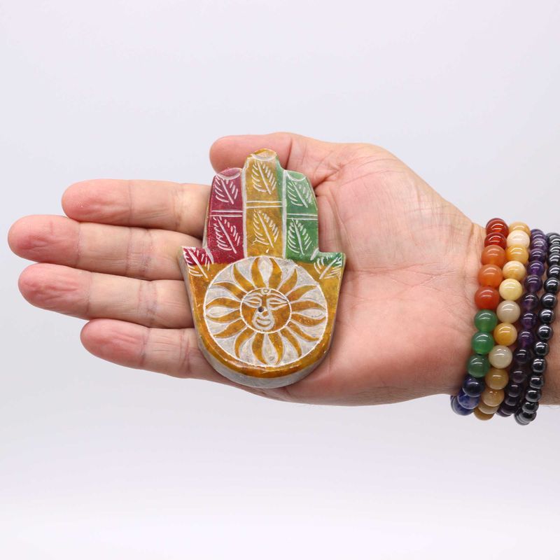 Soapstone Hamsa Incense Holder 9x6cm -Sun Face