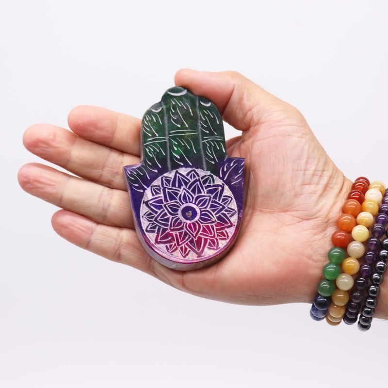 Soapstone Hamsa Incense Holder 9x6cm - Lotus Flower