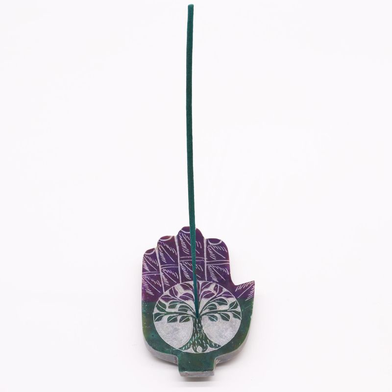 Soapstone Med Hamsa Incense Holder 13x9cm - Tree of Life