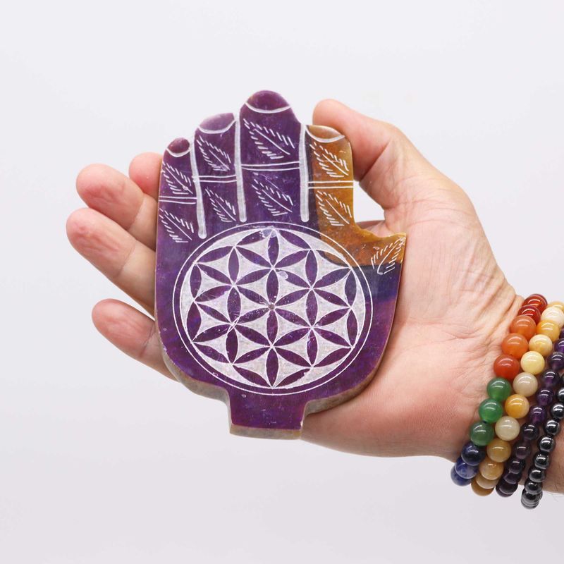 Soapstone Med Hamsa Incense Holder 13x9cm - Flower of Life