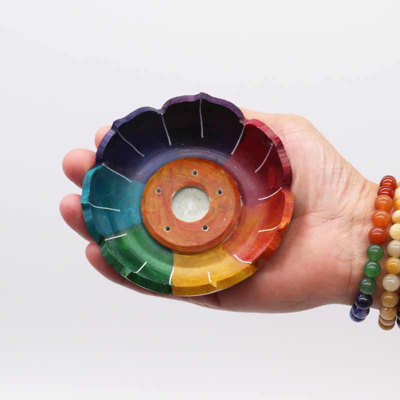Soapstone Lotus Flower Incense Holder 10x3cm - Chakra Colours