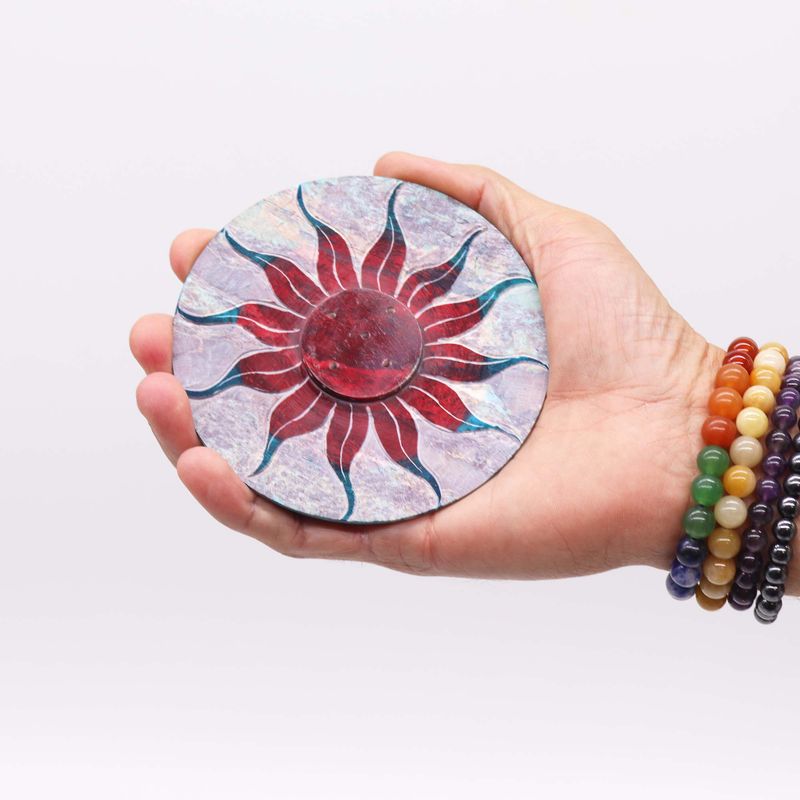 Soapstone Disc Incense Holder 10cm - Sun Flower (5 stick holder)