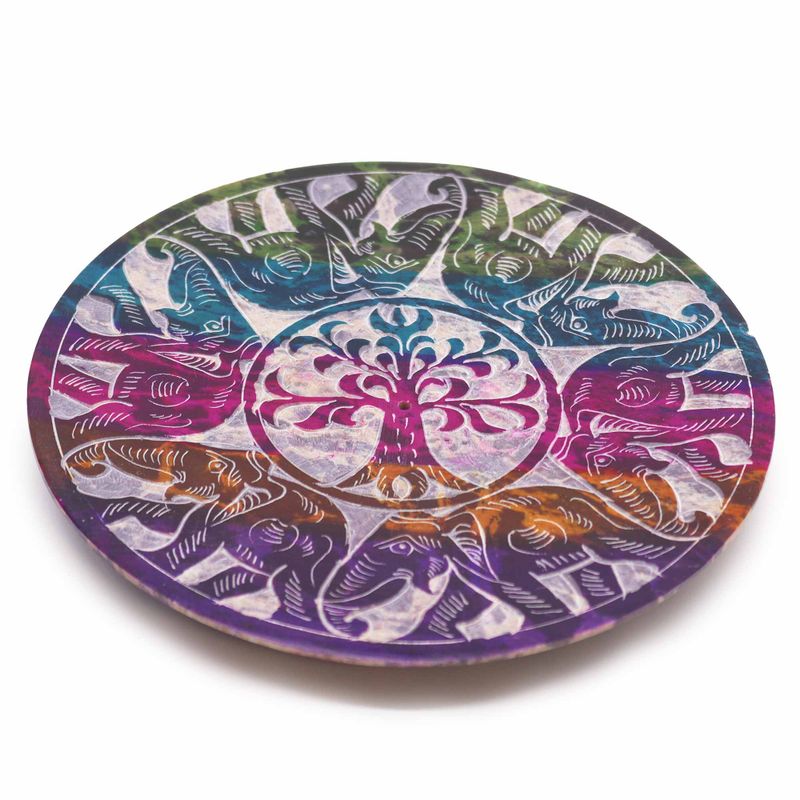 Soapstone Disc Incense Holder 12cm - 6 Lucky Elephants