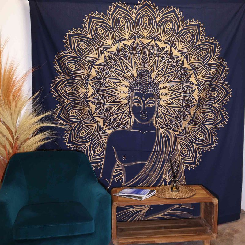 Double Cotton Bedspread + Wall Hanging - Buddha - Blue Gold