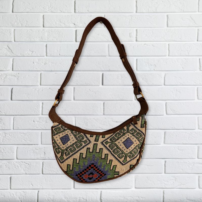 Jacquard Hobo Bag - Geo-Geen (brown strap)