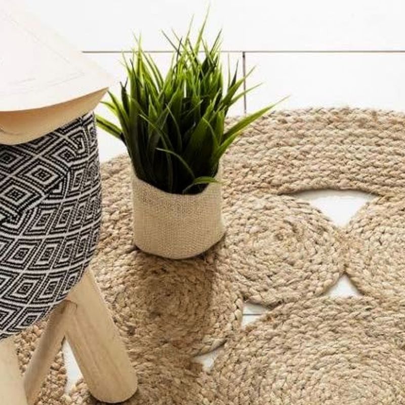 Lrg Round Soft Jute Rug Circles Inside 120cm