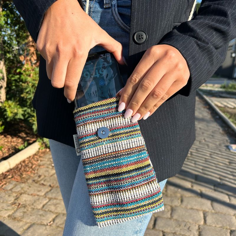 Phone Holder Bag Stripes Multi and White - owl decor