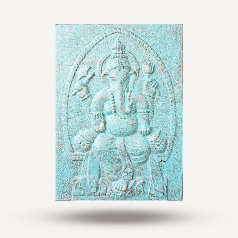 Large Ganpati Frame Turquoise Relief - 0.7x1m