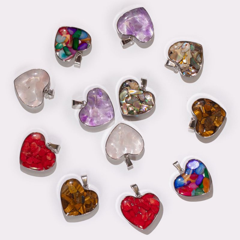 Steel Cased Pendant Hearts - 12 Assorted Gemstone Chips & Shells