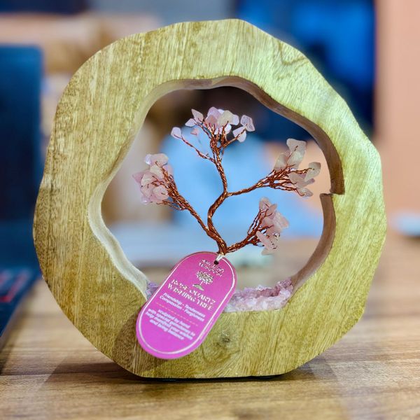 Roze Quartz Gemstone Tree Garden in Mango Wood Ring - 60 Stones